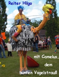 Camelus, der bunte Vogelstrauss, mit seinem verrückten Reiter Hilgo