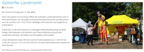 ASF Abfallwirtschaft Schleswig-Flensburg Müllwerker-Clown Olli als Stelzenmann Ankündigung Gottorfer Landmarkt_2022