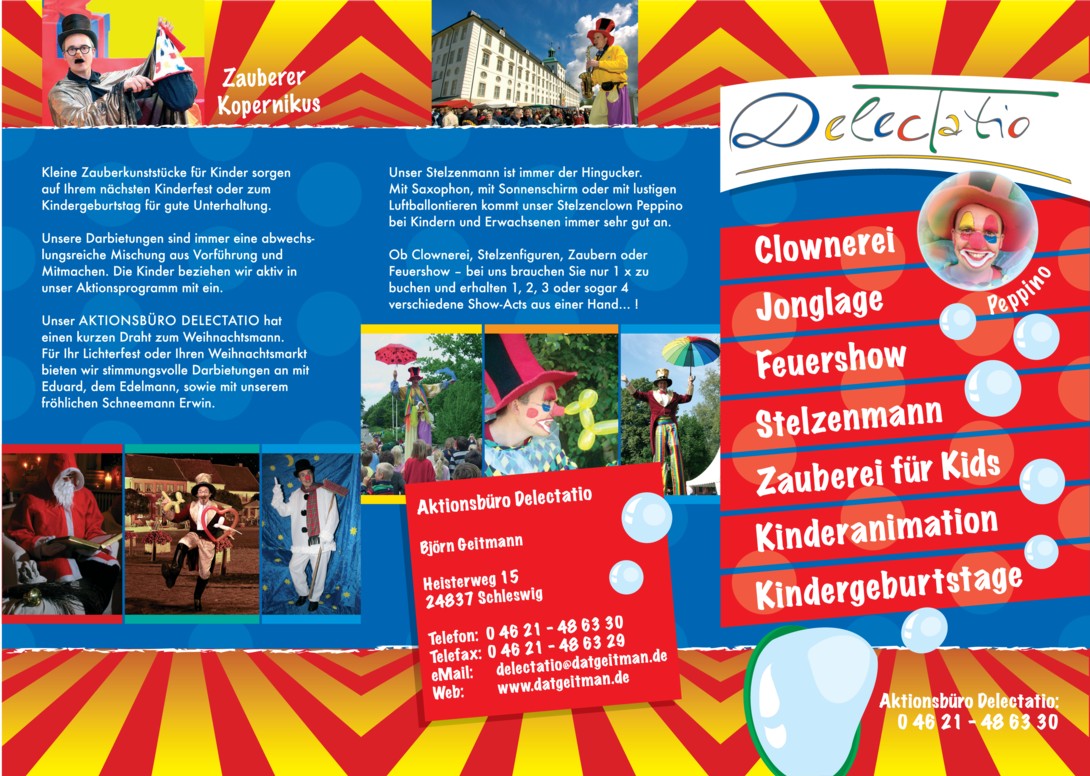 Flyer innen Aktionsbüro Delectatio Stelzenmann Stelzenlufer Stelzenfiguren Kinderfeste Aktionen und Projekte